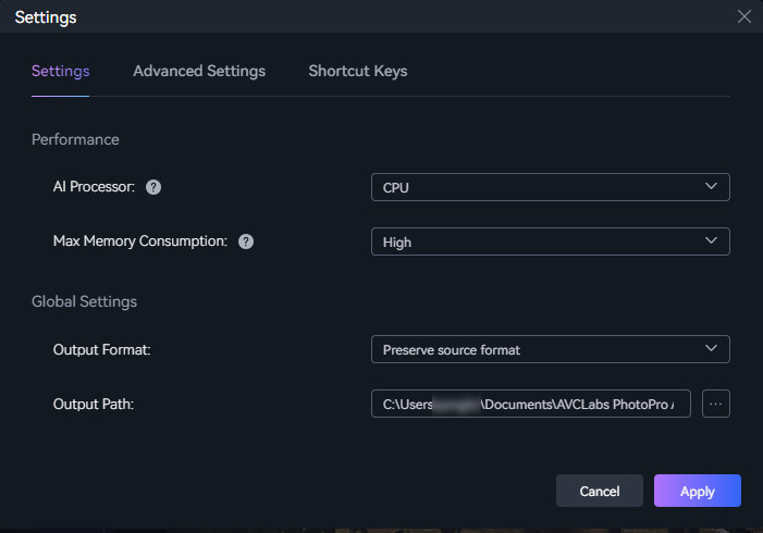 Окно Settings в AVCLabs PhotoPro AI: AI Processor, Max Memory Consumption, Output Format и Output Path