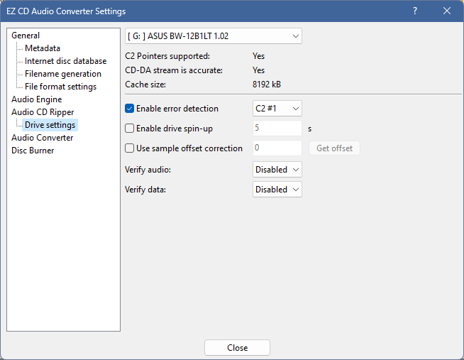 Настройки привода Audio CD Ripper в EZ CD Audio Converter