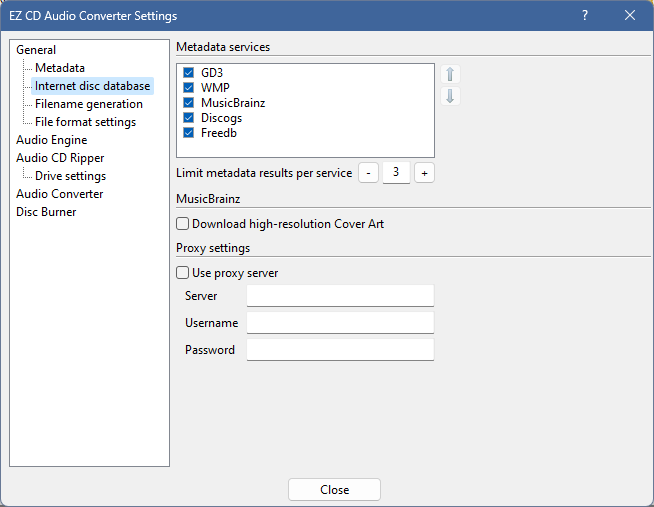 Настройки Internet disc database в EZ CD Audio Converter