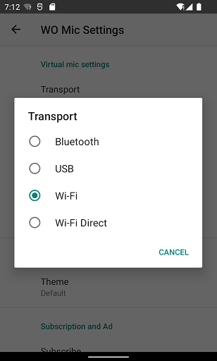 Выбор транспорта в WO Mic на Android