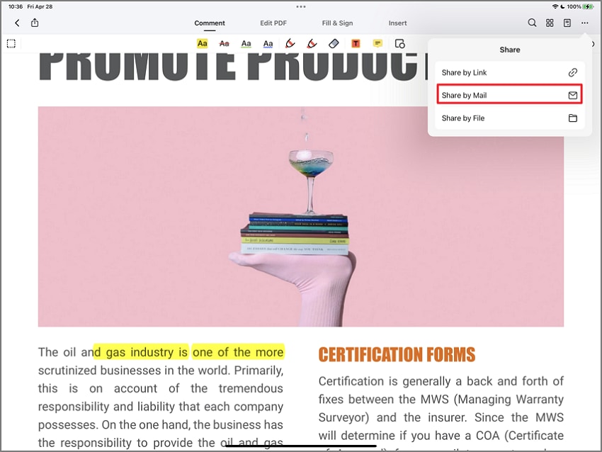 Скриншот отправки PDF через мобильное приложение