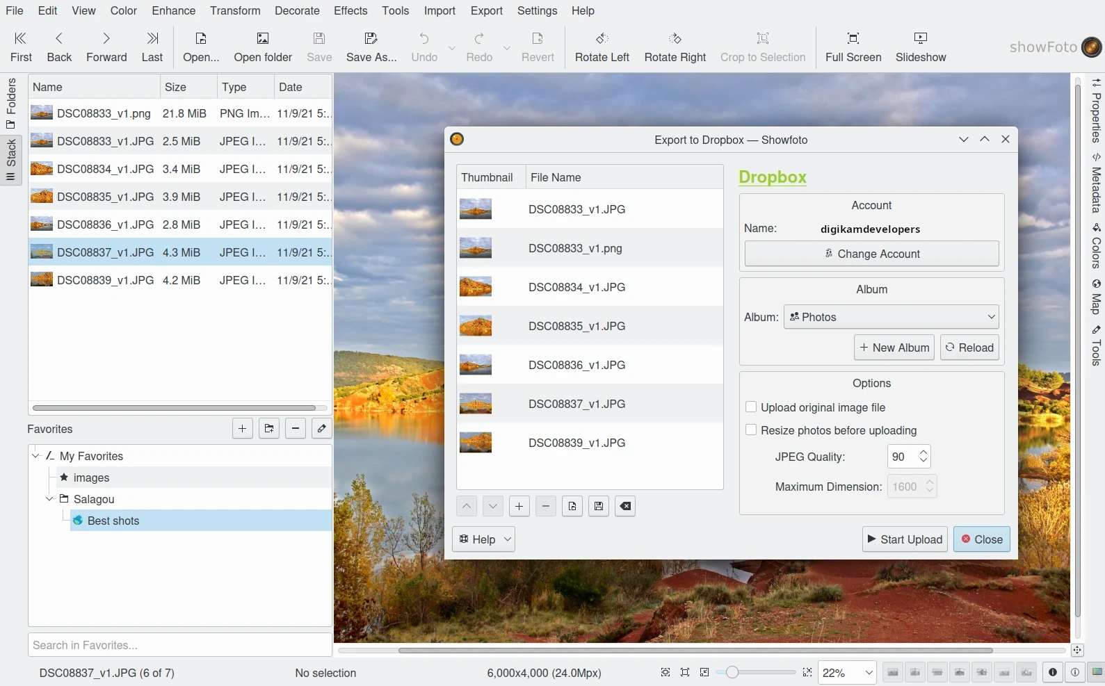 Export to Dropbox в Showfoto с изображениями из текущего Stack