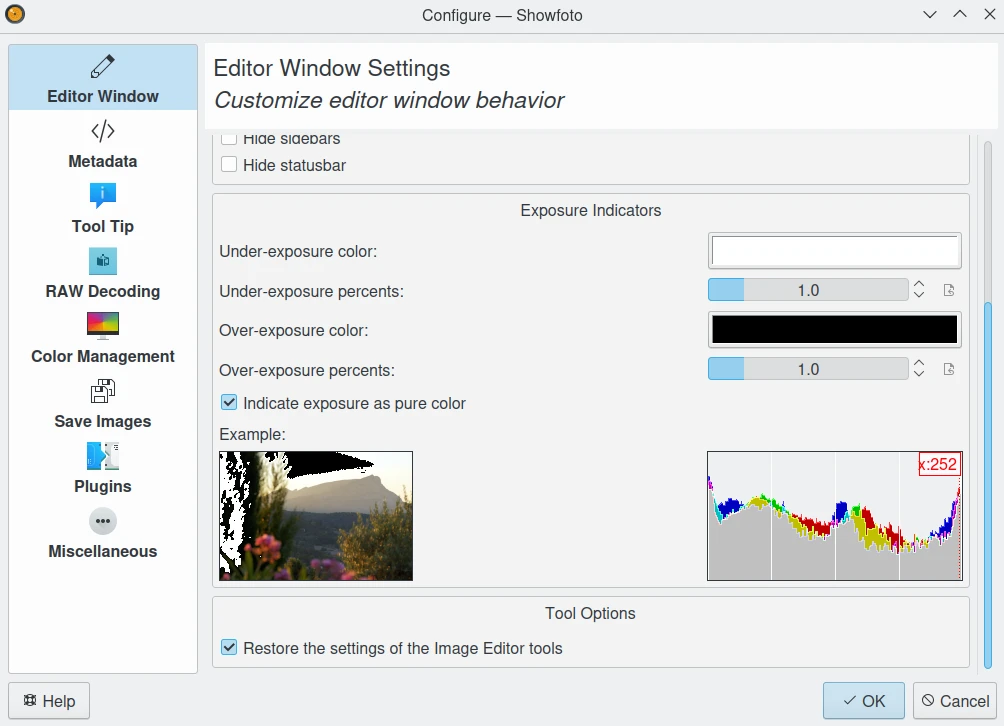 Окно Configure — Showfoto с разделами Editor Window, Metadata, RAW Decoding, Color Management и Save Images