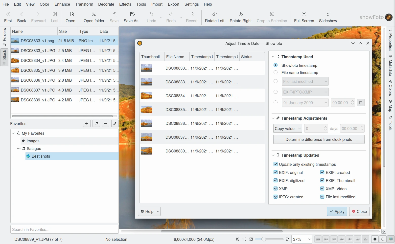Adjust Time & Date в Showfoto с файлами, загруженными из Stack
