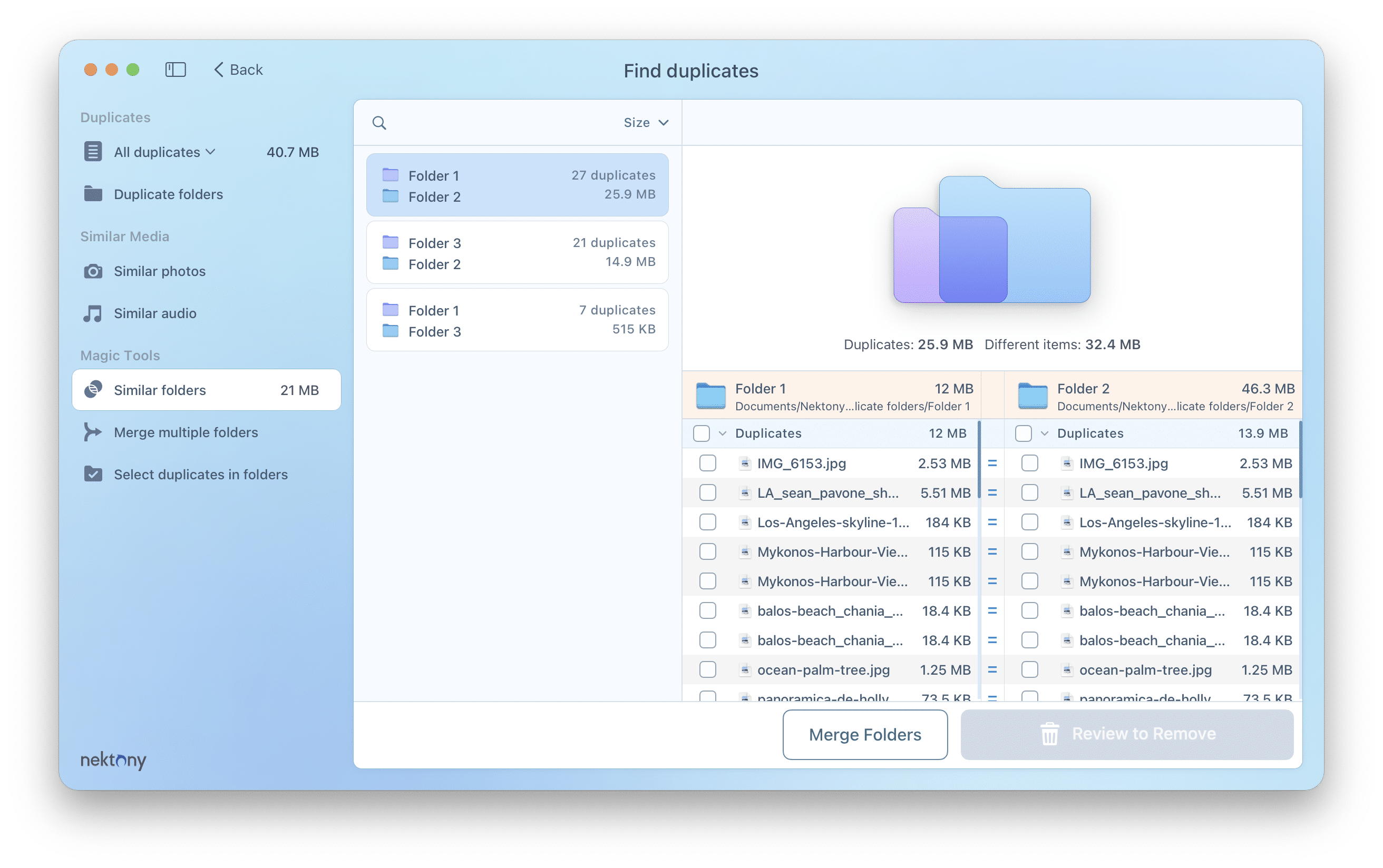 Раздел Similar folders в Nektony Duplicate File Finder