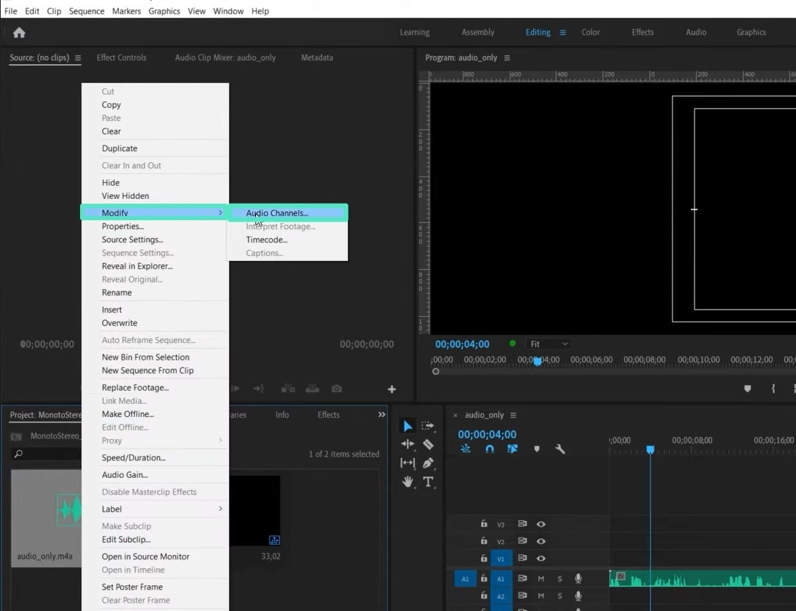 Настройка каналов в Adobe Premiere Pro