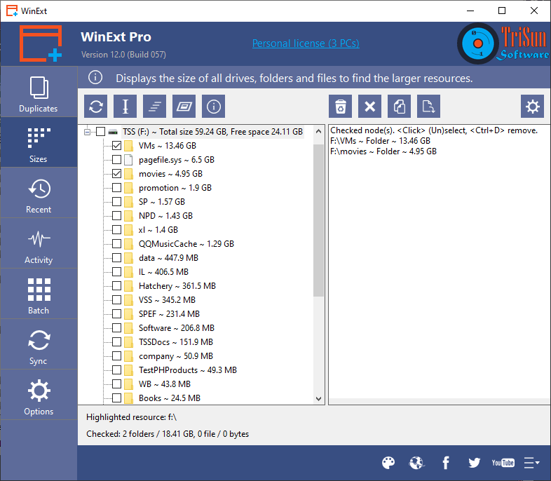 WinExt Free — модуль Sizes для анализа крупных папок и файлов