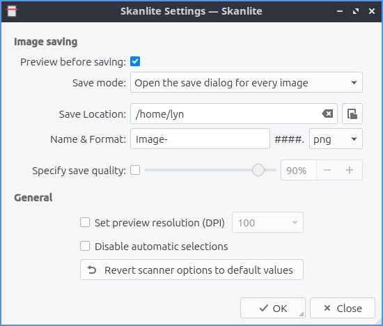 Окно настроек сохранения Skanlite