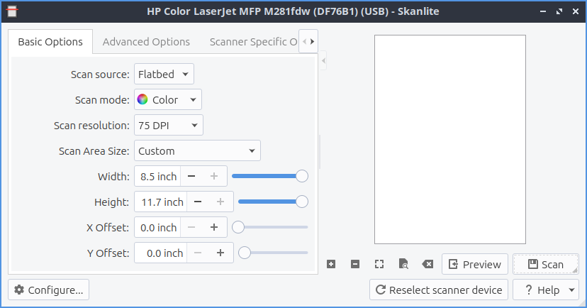 Базовые параметры и область сканирования в Skanlite