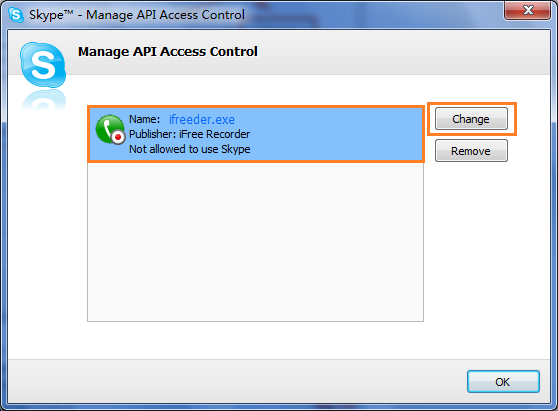 Окно Skype Manage API Access Control со списком приложений
