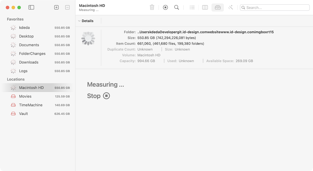 WhatSize измеряет Macintosh HD и показывает процесс Measuring