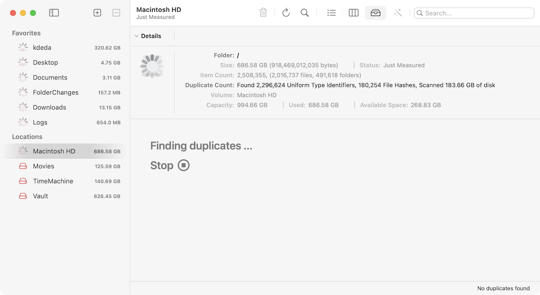 WhatSize выполняет поиск дубликатов на Macintosh HD