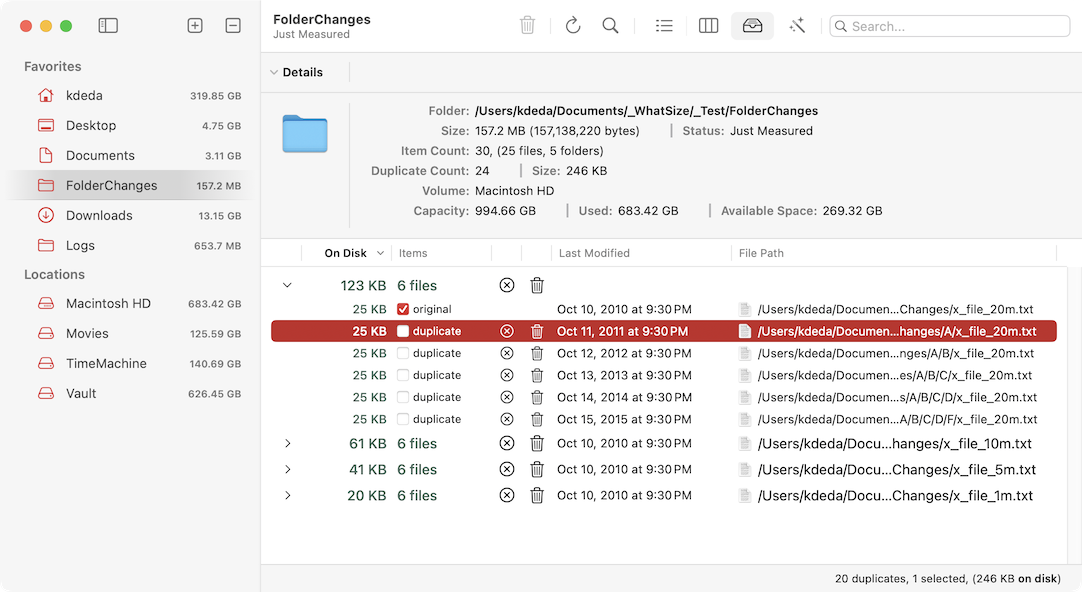 WhatSize показывает группы дубликатов с метками original и duplicate