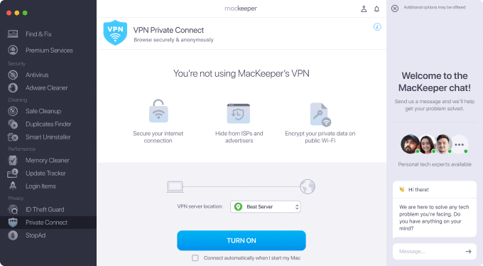 Раздел Private Connect в MacKeeper