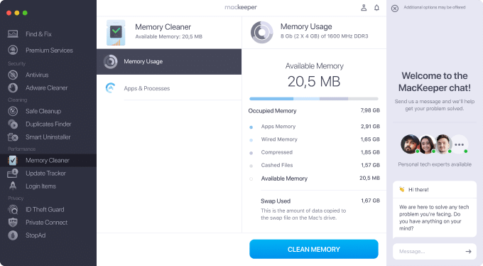 Раздел Memory Cleaner в MacKeeper