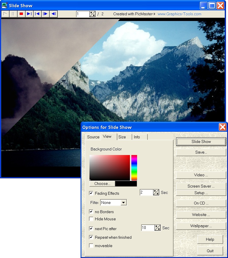 Окно Options for Slide Show в PicMaster