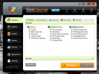 Главное окно SlimCleaner Free с разделом Cleaner и левой панелью модулей