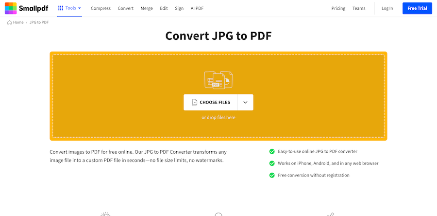 Smallpdf — онлайн-сервис для перевода JPG в PDF