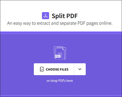 Выбор файла в Smallpdf для разделения PDF