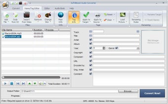 Вкладка Name/Tag Editor в Soft4Boost Audio Converter с полями Track, Title, Artist, Album, Year и Comment