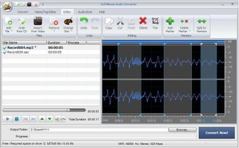 Вкладка Editor в Soft4Boost Audio Converter с волновой формой и командами Copy, Cut, Paste, Delete, Trim