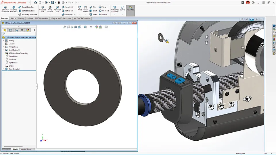 Интерфейс SOLIDWORKS с деревом модели, панелями команд и графической областью