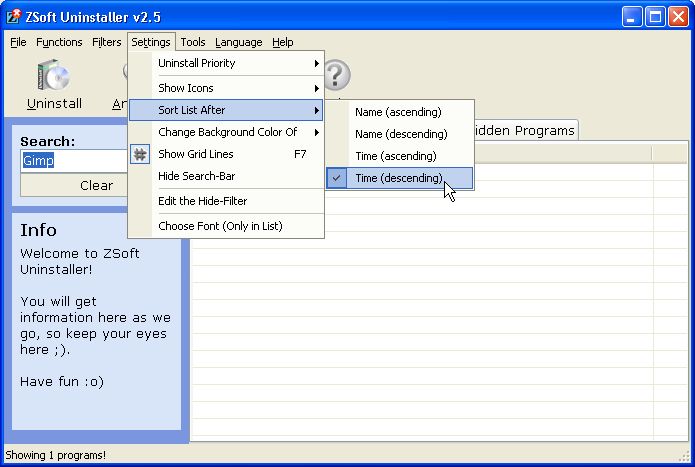 Меню Settings с параметром Sort List After в ZSoft Uninstaller