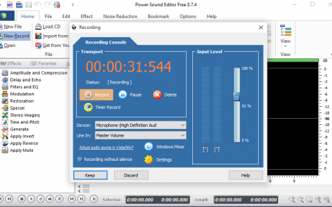 Окно Recording в Power Sound Editor Free