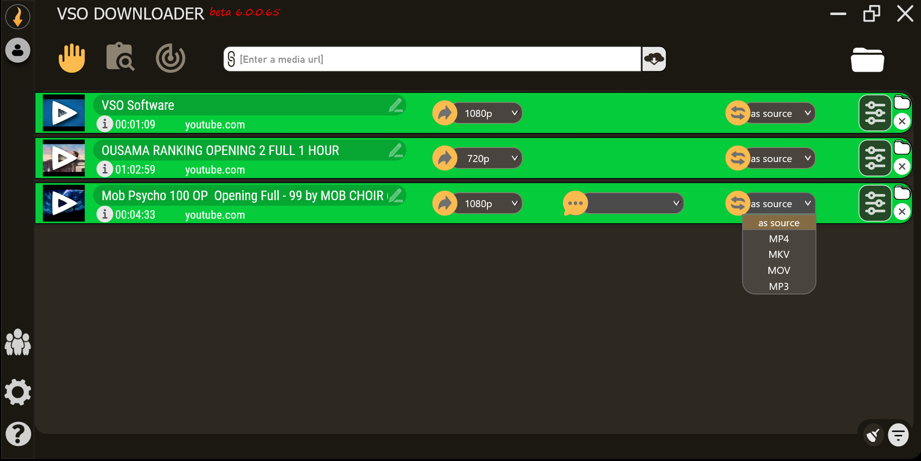 Список обнаруженных медиа и параметры загрузки в VSO Downloader