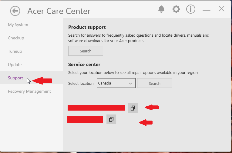 Раздел Support в Acer Care Center