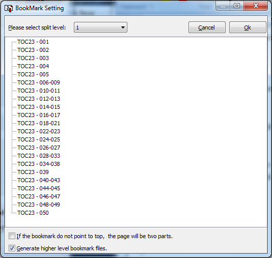 A-PDF Split: окно BookMark Setting для выбора уровня закладок