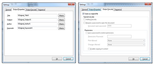 A-PDF Split: вкладки Output Properties и Output Security в Settings