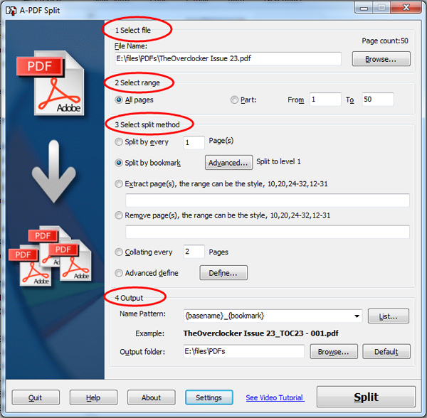 A-PDF Split: режим Split by bookmark в основном окне