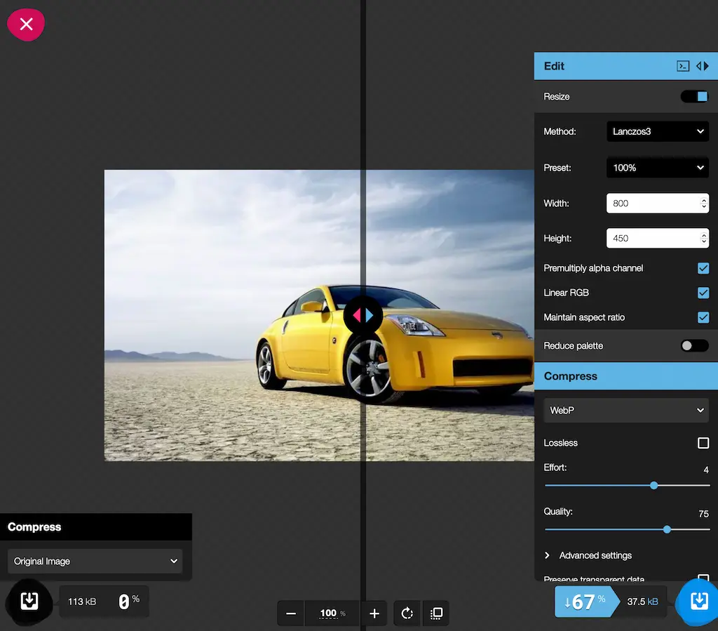 Редактор Squoosh с разделителем, панелью Resize и блоком Compress