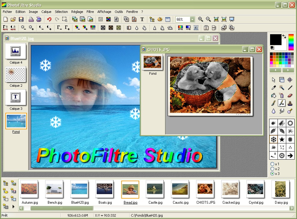 Интерфейс PhotoFiltre Studio X с несколькими открытыми изображениями, слоями, панелью инструментов и Image Explorer