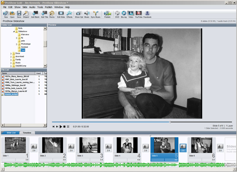 Главное окно ProShow Gold с Folder List, File List, Preview, Slide List и звуковой дорожкой