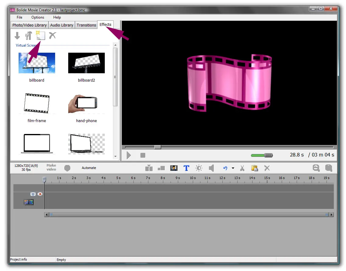 Вкладка Effects и библиотека Virtual Screen шаблонов