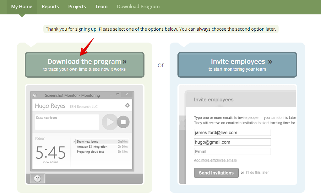 Первый экран Screenshot Monitor после входа: выбор между самотрекингом и приглашением сотрудников