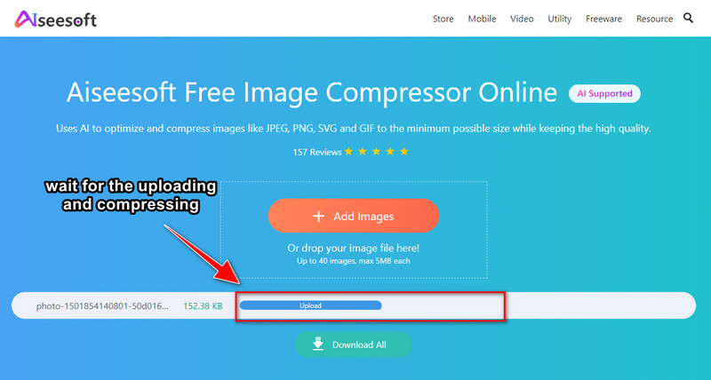Процесс загрузки и сжатия изображения в Aiseesoft Free Image Compressor Online