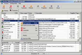 CodeStuff Starter: вкладка Processes со списком процессов и контекстным меню