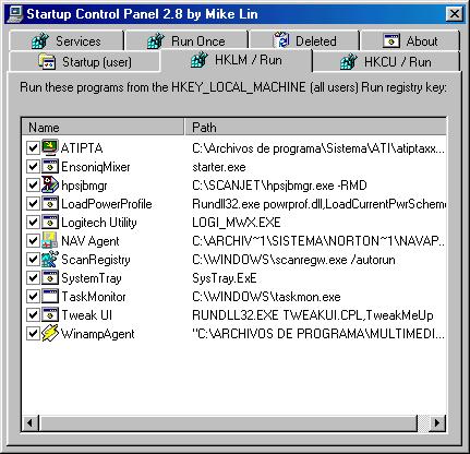 Startup Control Panel: раздел HKLM / Run со списком записей автозагрузки