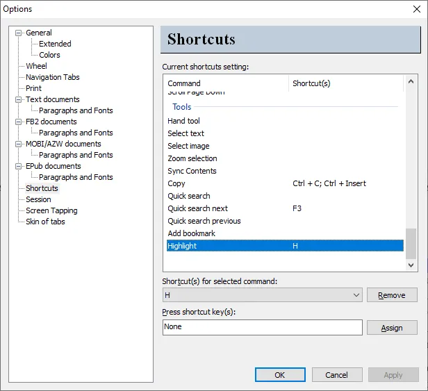 Окно Options в STDU Viewer с разделом Shortcuts и деревом настроек