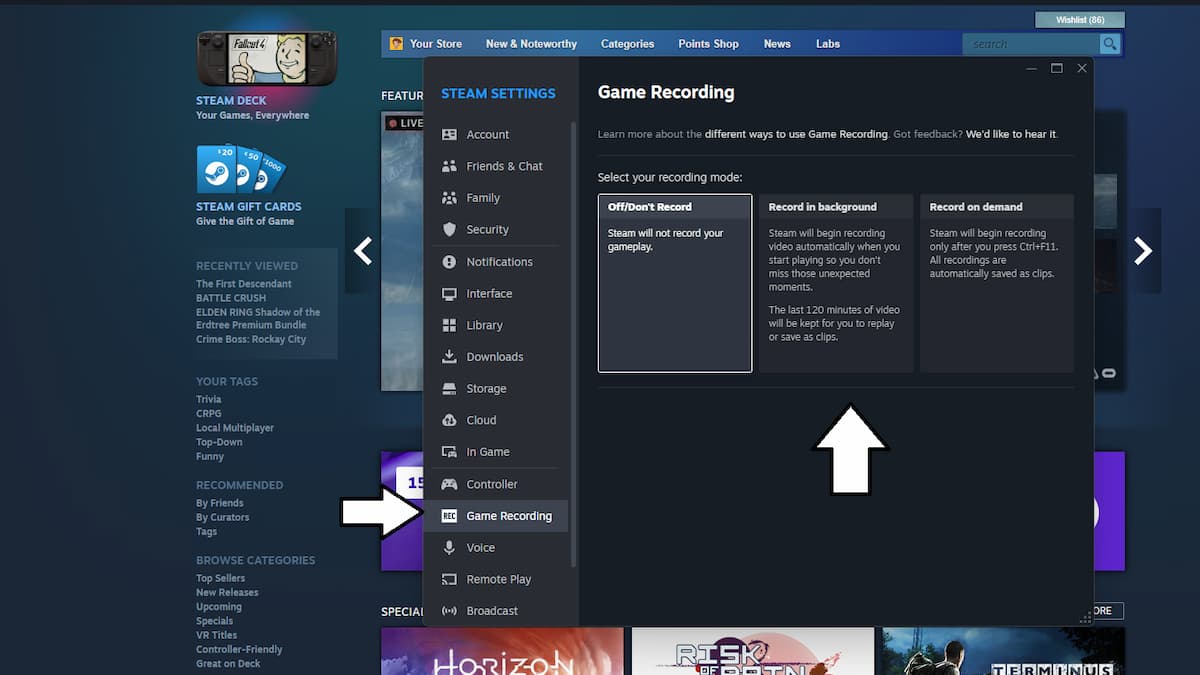 Steam Game Recording: раздел с параметрами записи