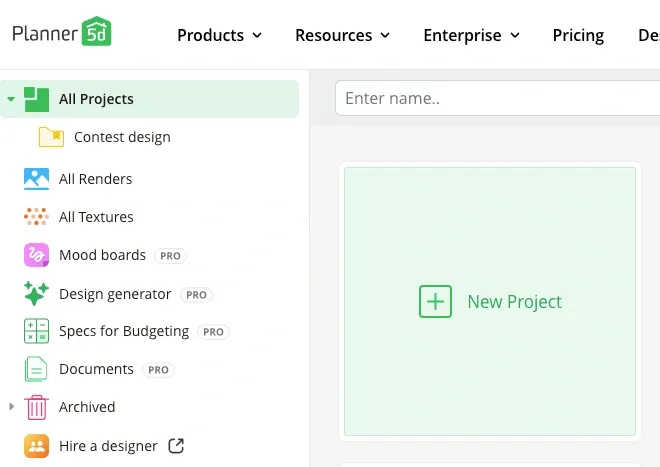 Стартовый экран Planner 5D с разделом My Projects и кнопкой New Project