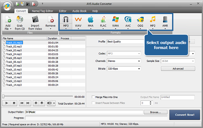 AVS Audio Converter с выбором MP3 и битрейта 320 Kbps