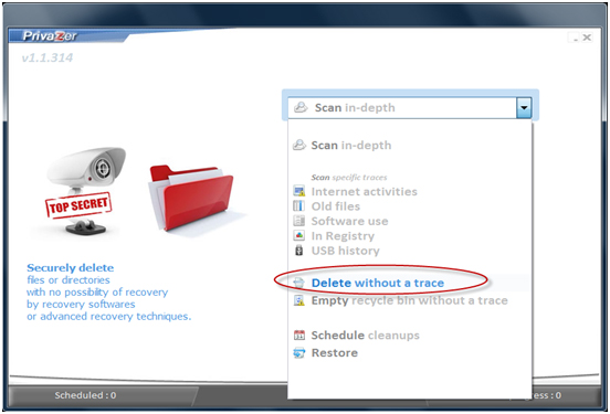 PrivaZer: выбор Delete without a trace для безопасного удаления файлов
