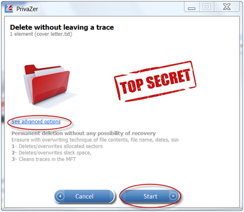PrivaZer: окно Delete without leaving a trace и кнопка Start