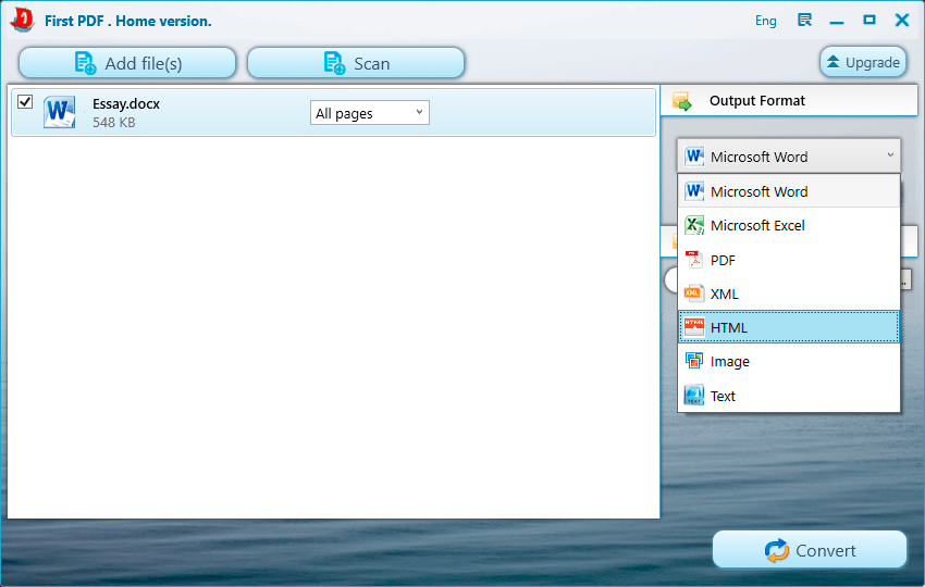Выбор формата в First PDF: PDF можно направить в Microsoft Word, Microsoft Excel, PDF, XML, HTML, Image или Text