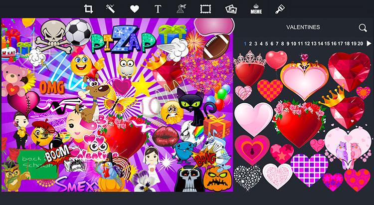 Панель стикеров piZap с тематическими элементами и декоративной графикой