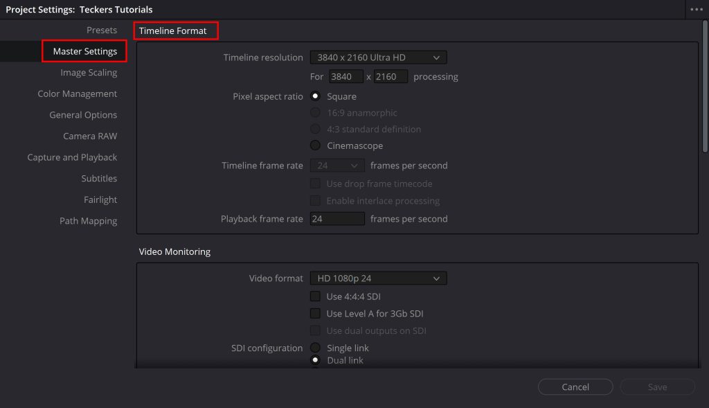 Настройки Timeline Format в DaVinci Resolve